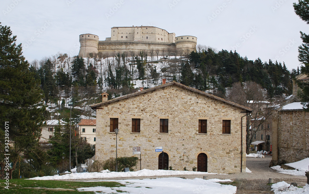 Fototapeta premium San Leo town with the fortress on the background. Italy