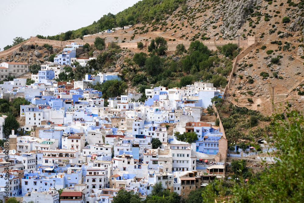 Aerial view of ancient part of Chefchaouen city in Morocco.