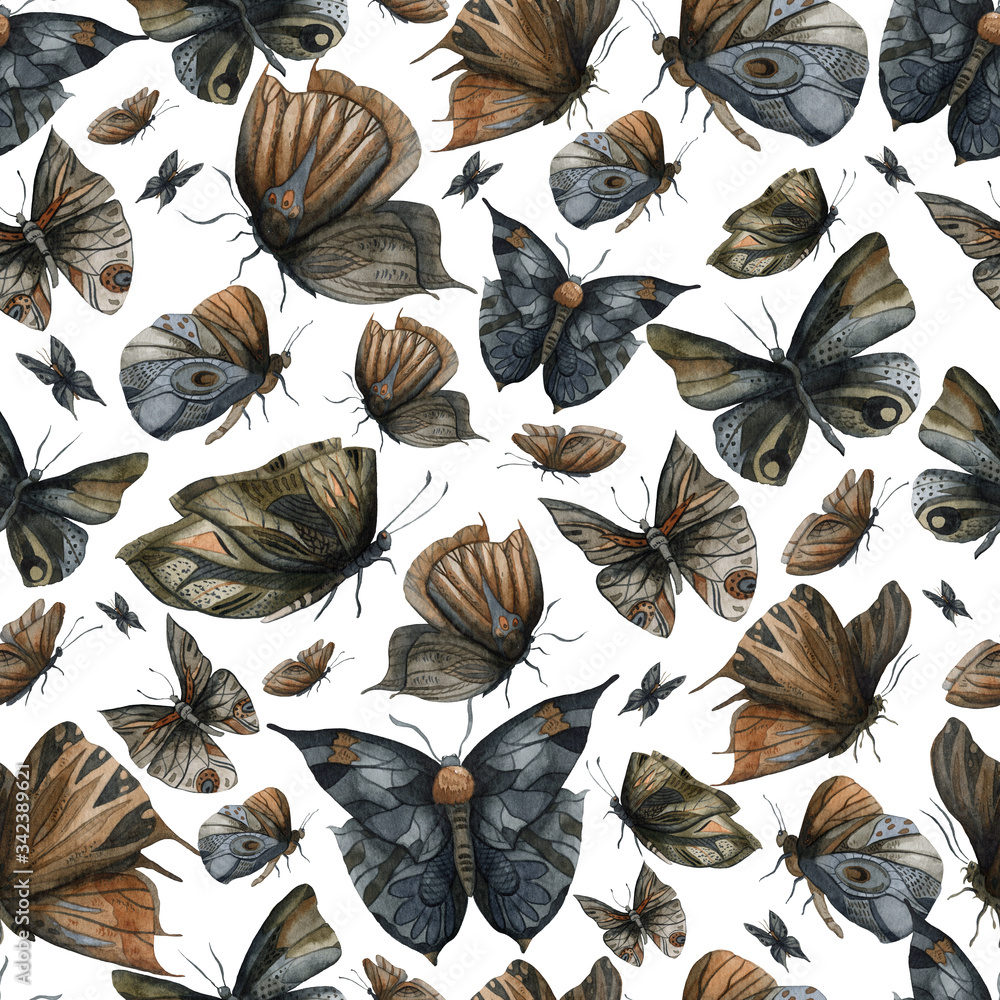 Seamless pattern with night dark butterflies set. Abstract fantasy design background for print, poster, fabric, wallpaper. Watercolor illustration Seamless pattern with night dark butterflies set. Abstract fantasy design background for print, poster, fabric, wallpaper. Watercolor illustration