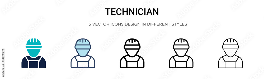 Technician icon in filled, thin line, outline and stroke style. Vector illustration of two colored and black technician vector icons designs can be used for mobile, ui, web