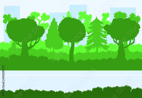 Morning forest landscape. Horizontal banner. Panoramic view of the forest. Flat vector illustration. EPS 10.