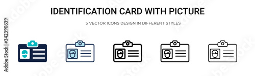 Identification card with picture icon in filled, thin line, outline and stroke style. Vector illustration of two colored and black identification card with picture vector icons designs can be used