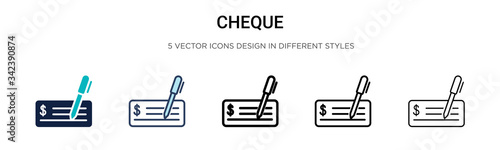 Cheque icon in filled, thin line, outline and stroke style. Vector illustration of two colored and black cheque vector icons designs can be used for mobile, ui, web photo