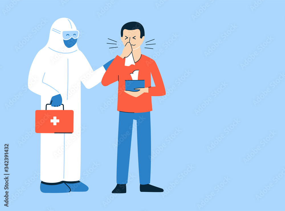 Vector illustration in flat style. Coronavirus COVID-19 concept. Place for text. Banner, poster, card, brochure template. Doctor in protective suit and coughing, sneezing man with disposable napkins. Vector illustration in flat style. Coronavirus COVID-19 concept. Place for text. Banner, poster, card, brochure template. Doctor in protective suit and coughing, sneezing man with disposable napkins.