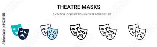 Theatre masks icon in filled, thin line, outline and stroke style. Vector illustration of two colored and black theatre masks vector icons designs can be used for mobile, ui, web