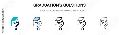 Graduation's questions icon in filled, thin line, outline and stroke style. Vector illustration of two colored and black graduation's questions vector icons designs can be used for mobile, ui, web