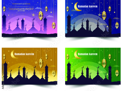 Ornate horizontal vector Cover design.banner, vintage lanterns for Ramadan wishing. Decorin Eastern style. Islamic background.Ramadan Kareem greeting card, advertising, discount, poster.luxury flyer. photo