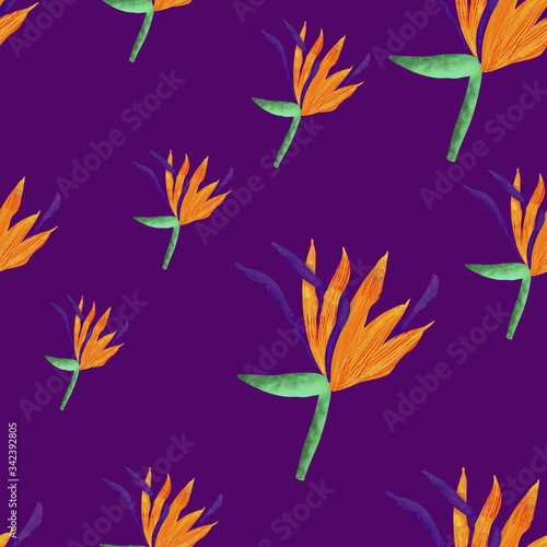 Tropical orange strelitzia flowers on violet background. Summer seamless pattern. Print, packaging, wallpaper, textile design