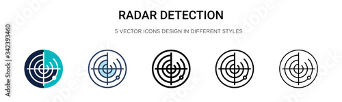 Radar detection icon in filled, thin line, outline and stroke style. Vector illustration of two colored and black radar detection vector icons designs can be used for mobile, ui, web