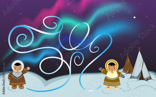 Maze game for kids. Northern people characters in ethnic winter clothes. Polar night background with North native dwellings, dark starry sky, polar lights.