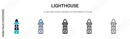 Lighthouse icon in filled, thin line, outline and stroke style. Vector illustration of two colored and black lighthouse vector icons designs can be used for mobile, ui, web