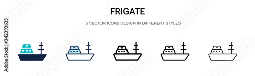 Frigate icon in filled, thin line, outline and stroke style. Vector illustration of two colored and black frigate vector icons designs can be used for mobile, ui, web