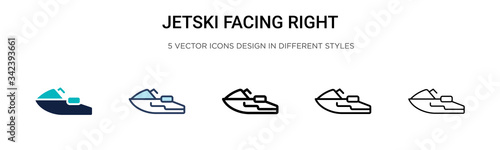 Jetski facing right icon in filled, thin line, outline and stroke style. Vector illustration of two colored and black jetski facing right vector icons designs can be used for mobile, ui, web