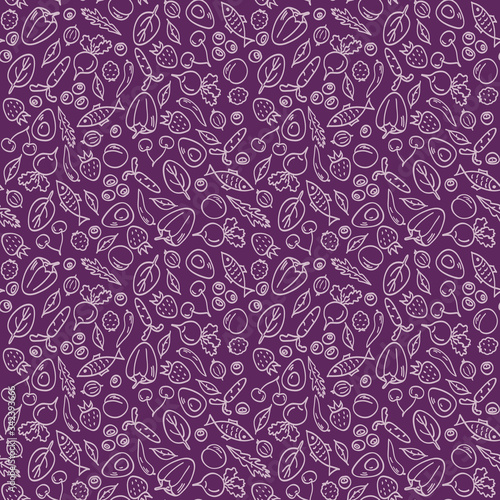 Healthy food seamless pattern. Drawings of vegetables, fruits, fish in doodle style. Violet background. Design element for shops, background, fabric, textile, cafe, restaurant, packaging, sites