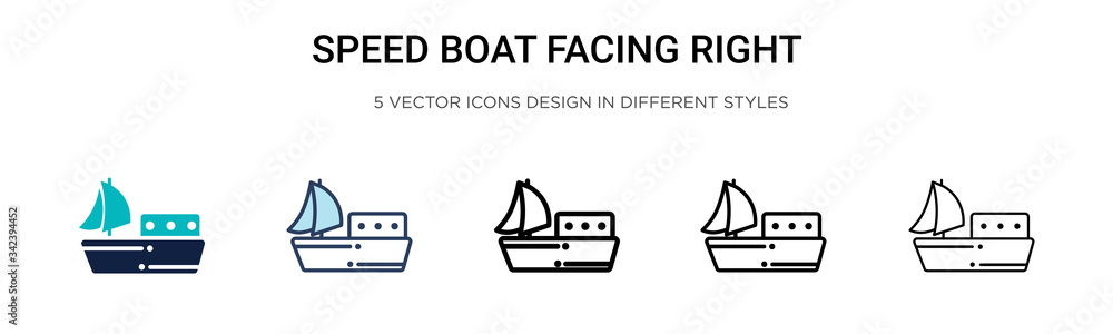Speed boat facing right icon in filled, thin line, outline and stroke style. Vector illustration of two colored and black speed boat facing right vector icons designs can be used for mobile, ui, web