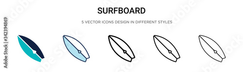 Surfboard icon in filled, thin line, outline and stroke style. Vector illustration of two colored and black surfboard vector icons designs can be used for mobile, ui, web