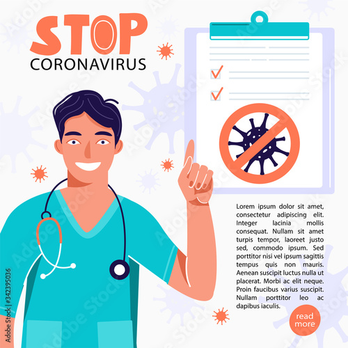 Stop 2019-nCoV Coronavirus. Professional doctor informing people about global coronavirus pandemic. Medical recommendation. Quarantine and protect yourself concept. Vector banner illustration.