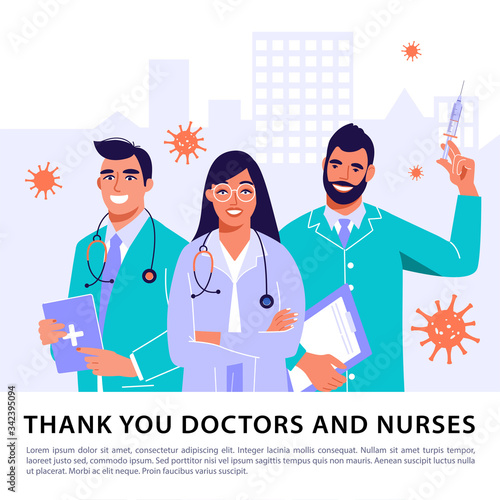 2019-nCoV Coronavirus spread of the virus. Team of professional doctors. Thank you doctors and nurses message. Vector banner illustration.