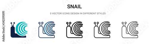 Snail icon in filled, thin line, outline and stroke style. Vector illustration of two colored and black snail vector icons designs can be used for mobile, ui, web