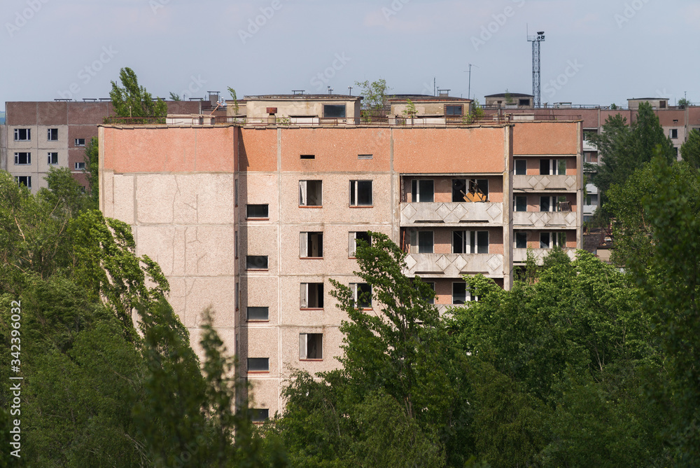 Houses in abandoned ghost town Pripyat in Chernobyl zone