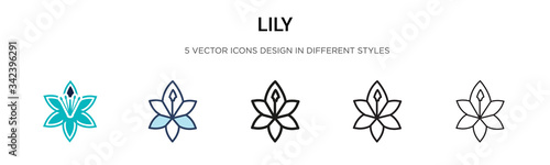 Lily icon in filled, thin line, outline and stroke style. Vector illustration of two colored and black lily vector icons designs can be used for mobile, ui, web
