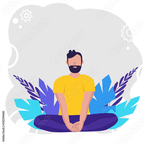 Man doing yoga for Yoga Day Celebration on background in nature. Concept illustration for yoga, meditation, relax, recreation, healthy lifestyle. Vector illustration in flat. Creative poster or banner
