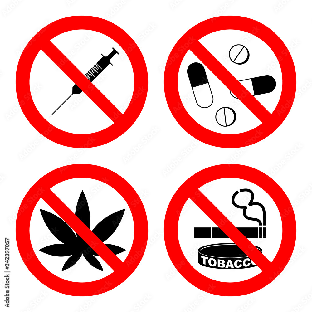Set prohibited signs - drugs. Vector illustration isolated on white. Collection of 4 icons. No capsule, marijuana, cannabis, tobacco, cocaine and other drugs. Red forbidden symbols Set prohibited signs - drugs. Vector illustration isolated on white. Collection of 4 icons. No capsule, marijuana, cannabis, tobacco, cocaine and other drugs. Red forbidden symbols