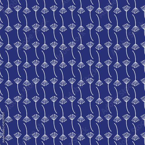 Seamless pattern of small white flowers on a blue indigo background.