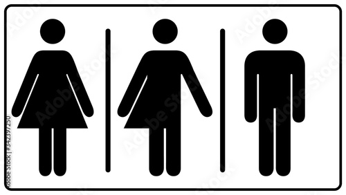 All gender restroom sign. Male, female transgender. Vector illustration. Black symbols isolated on white. Mandatory banner. Set of female, male and transgender people silhouettes photo