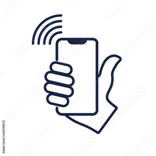 NFS payment. Human hand holding a phone. Smartphone with empty screen isolated on white background. Vector illustration. EPS-10