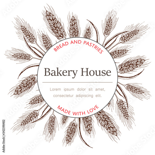 Bakery, pastry shop label, logo, flyer template with wheat ears wreath and lettering on white background. bakeshop vector hand drawn sketch illustration. banner for bakehouse, bread packaging design.