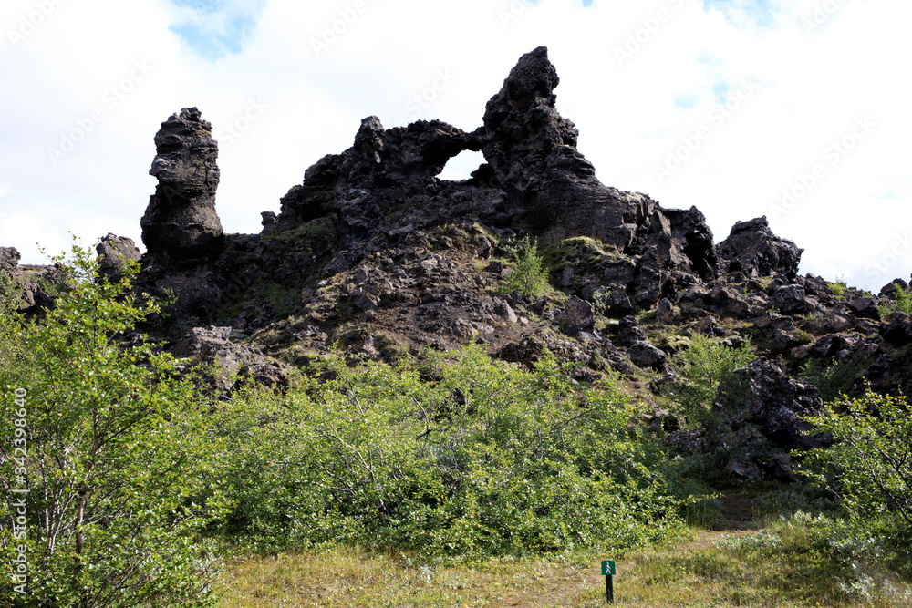 Myvatn / Iceland - August 30, 2017: Volcanic rocks formation at Dimmuborgir area and park, Iceland, Europe