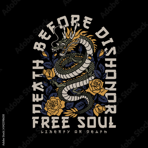 Asian Dragon with Roses with A Slogan Vector Artwork For Apparel and Other Uses