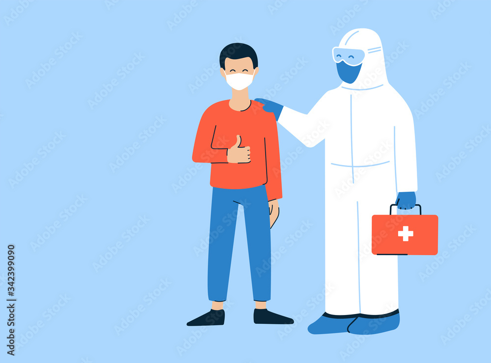 Modern vector illustration in flat style. Thank you doctors and nurses. Coronavirus COVID-19. Doctor in white hazmat suit. Pleased happy patient wearing mask. Get well, recover soon. Place for text Modern vector illustration in flat style. Thank you doctors and nurses. Coronavirus COVID-19. Doctor in white hazmat suit. Pleased happy patient wearing mask. Get well, recover soon. Place for text