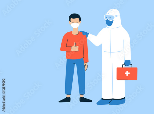 Modern vector illustration in flat style. Thank you doctors and nurses. Coronavirus COVID-19. Doctor in white hazmat suit. Pleased happy patient wearing mask. Get well, recover soon. Place for text © LiaRey