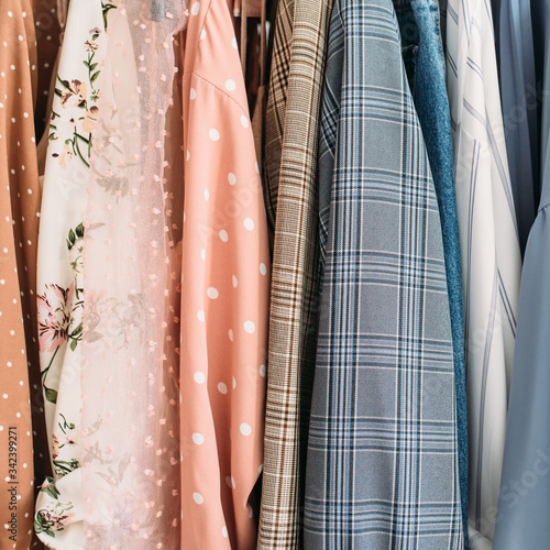 Capsule clothes in blue and pink colors closeup
