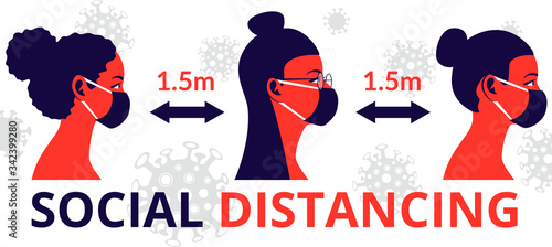 Social distancing. Young woman wearing disposable medical mask. Coronavirus protection and prevention. Self-isolation and quarantine vector illustration. Protect yourself from virus infection concept