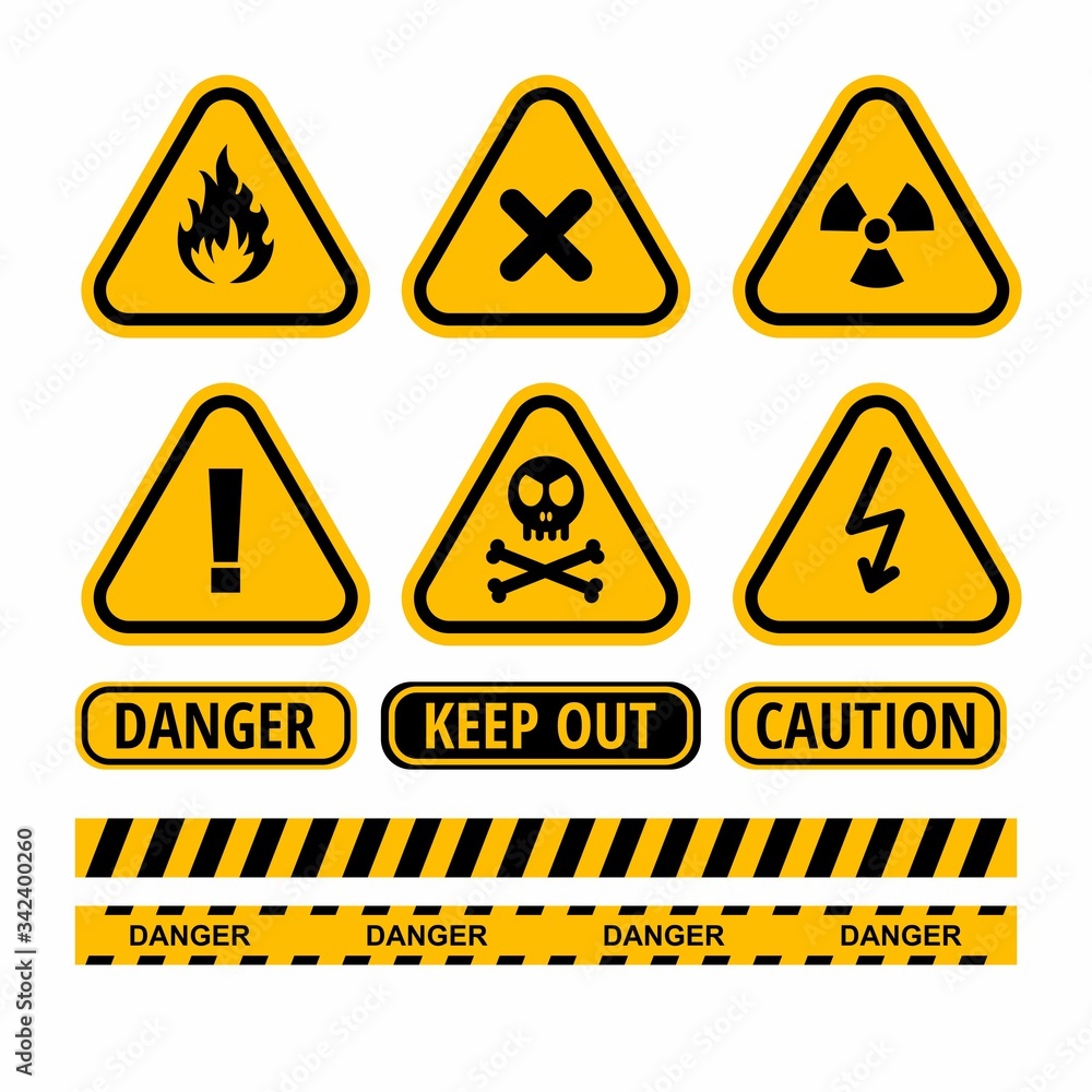 Set of Yellow and Black Danger Warning Sign Illustration, Hazard Warning Icon Design Template Vector Set of Yellow and Black Danger Warning Sign Illustration, Hazard Warning Icon Design Template Vector