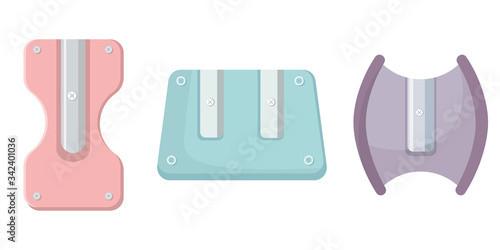 Set of pencil sharpeners. School supplies in cartoon style.