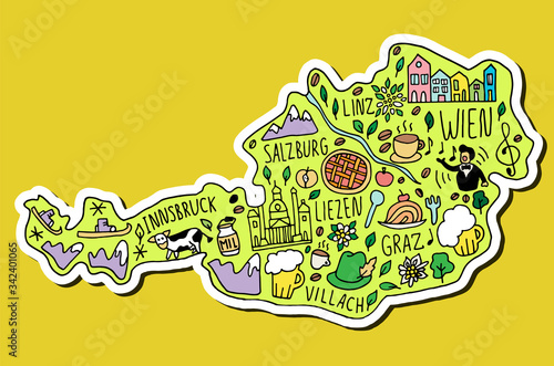 Colored sticker of Austria. Funny hand drawn doodle map of Austria. names of main cities, main attractions and landmarks, and geographical names on the map.