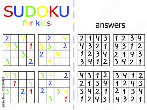 Sudoku for kids stock vector illustration. Set of simple sudoku games withanswer for children. Printable four by four sudoku. Easy logic number game. Educational colorful number puzzle with solution.