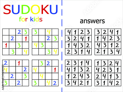 Learning numbers and practice counting set for children. Logical printable tast for kids with answer. Inside mind playing game. Isolated on white template for printing. Colorful sudoku worksheet.