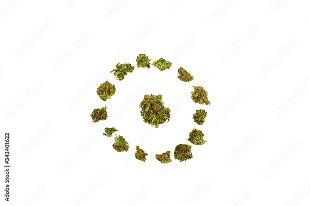 Circle of green dried cannabis buds and one marijuana bud in the middle isolated on white background. Circle of green dried cannabis buds and one marijuana bud in the middle isolated on white background.