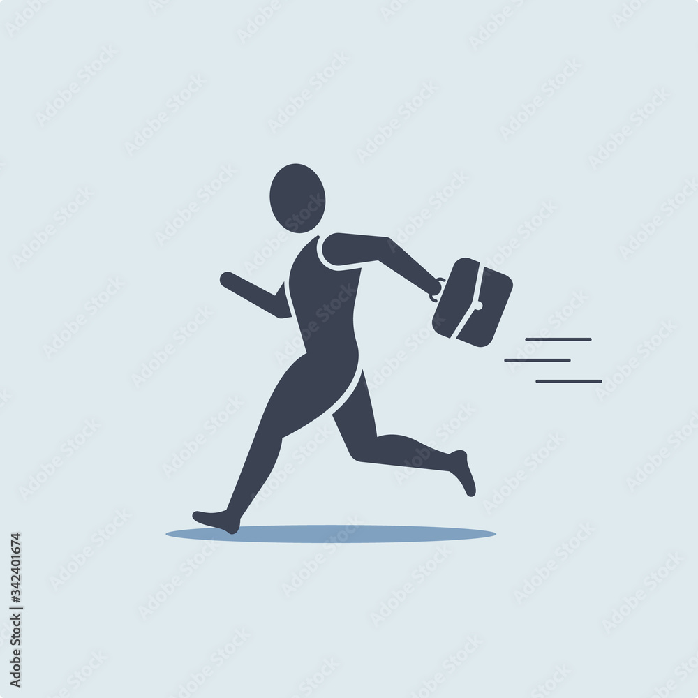 Businessman with briefcase run at the work. vector symbol silhouette