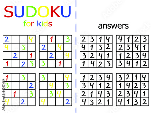 Four simple children sudoku games. Funny and useful number logic puzzles with answers for beginners. Colorful sudoku work sheet stock vector illustration. Mind activity for school and homework.
