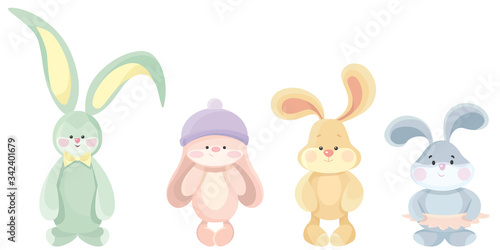 Set of teddy hares. Cute toys in cartoon style.