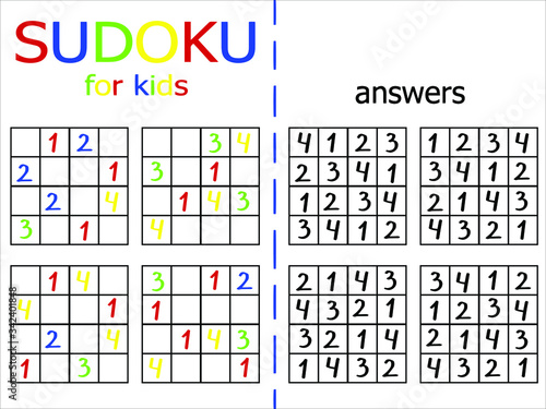 Simple sudoku set of four puzzles with answers. Colorful number game. Logic counting japanese jigsaw work sheet for kids. One, two, three and four number printable educational game. One of a series. 