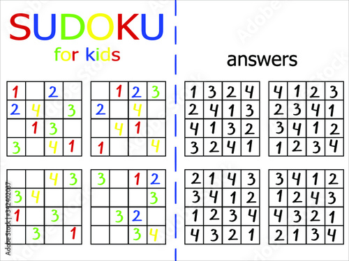Sudoku puzzle for kids stock vector illustration. Simple sudoku riddle for begginers with answers. Logical math game with numbers. Educational count puzzle for children. Printable educational game. 
