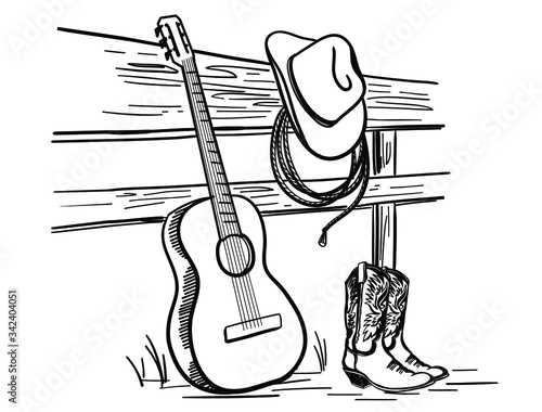 Cowboy Country music with cowboy boots and Western hat. Vector Country with acoustic guitar