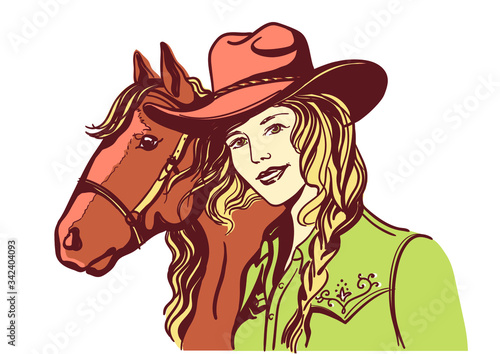 Woman with cowboy hat portrait and horse. Vector color han drawn illustration isolated on white. Cute girl with western clothes.